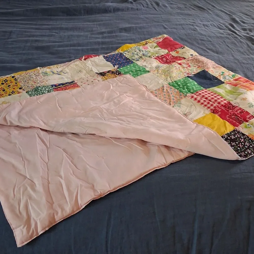 Vintage Patchwork Quilt 1960s Handmade 54x35 Mid Century Patterns Multi-Color